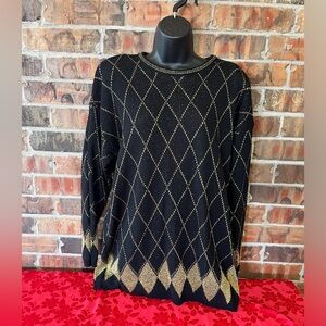 Koret Vintage Black Gold Argyle Crew Neck Long Sleeve Sweater Size: 22W